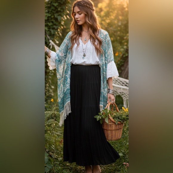 Designs By Julie Black Crushed Crinkle Flared Super Maxi Pull On Skirt Women M - Picture 3 of 12